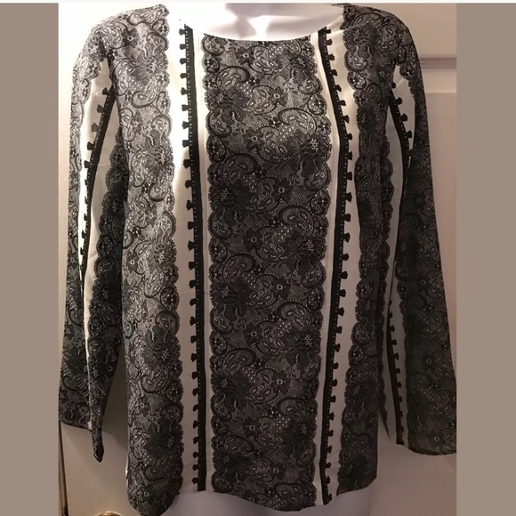 J.CREW Optical Lace Top Blouse Shirt Black White Printed Work Attire Classic - Picture 2 of 8